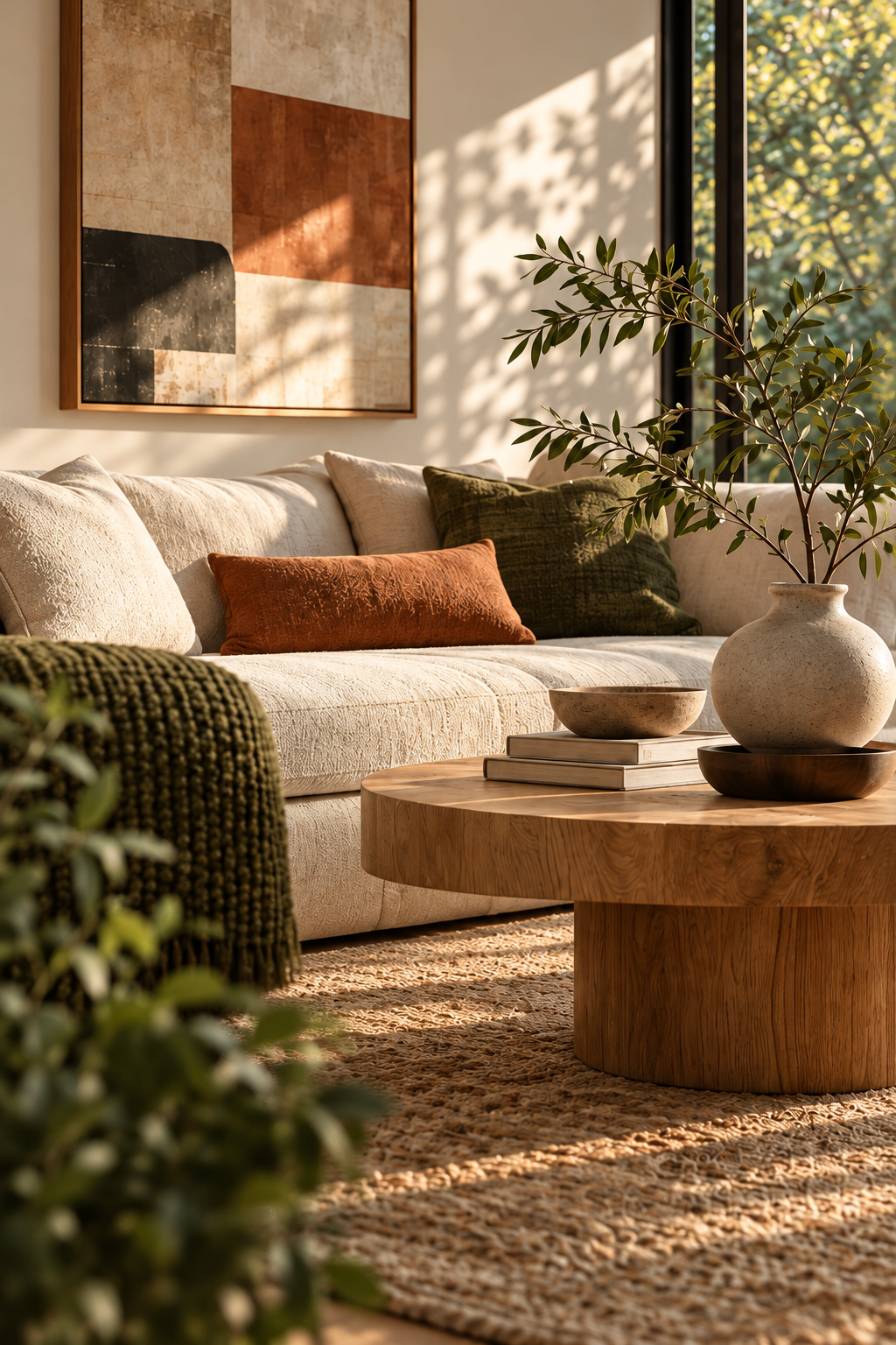 Warm Japandi living room with linen seating, natural oak furniture, ceramics, and greenery.