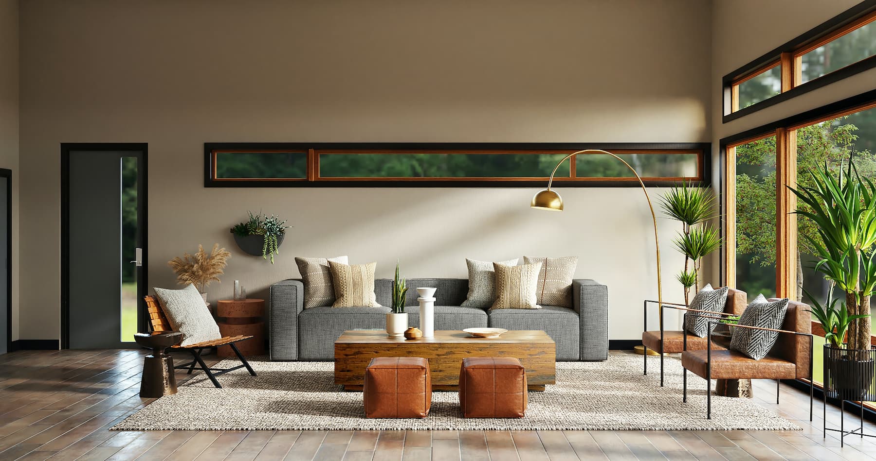 A warm living room with a linen sofa, timber table, woven rug, and indoor plants
